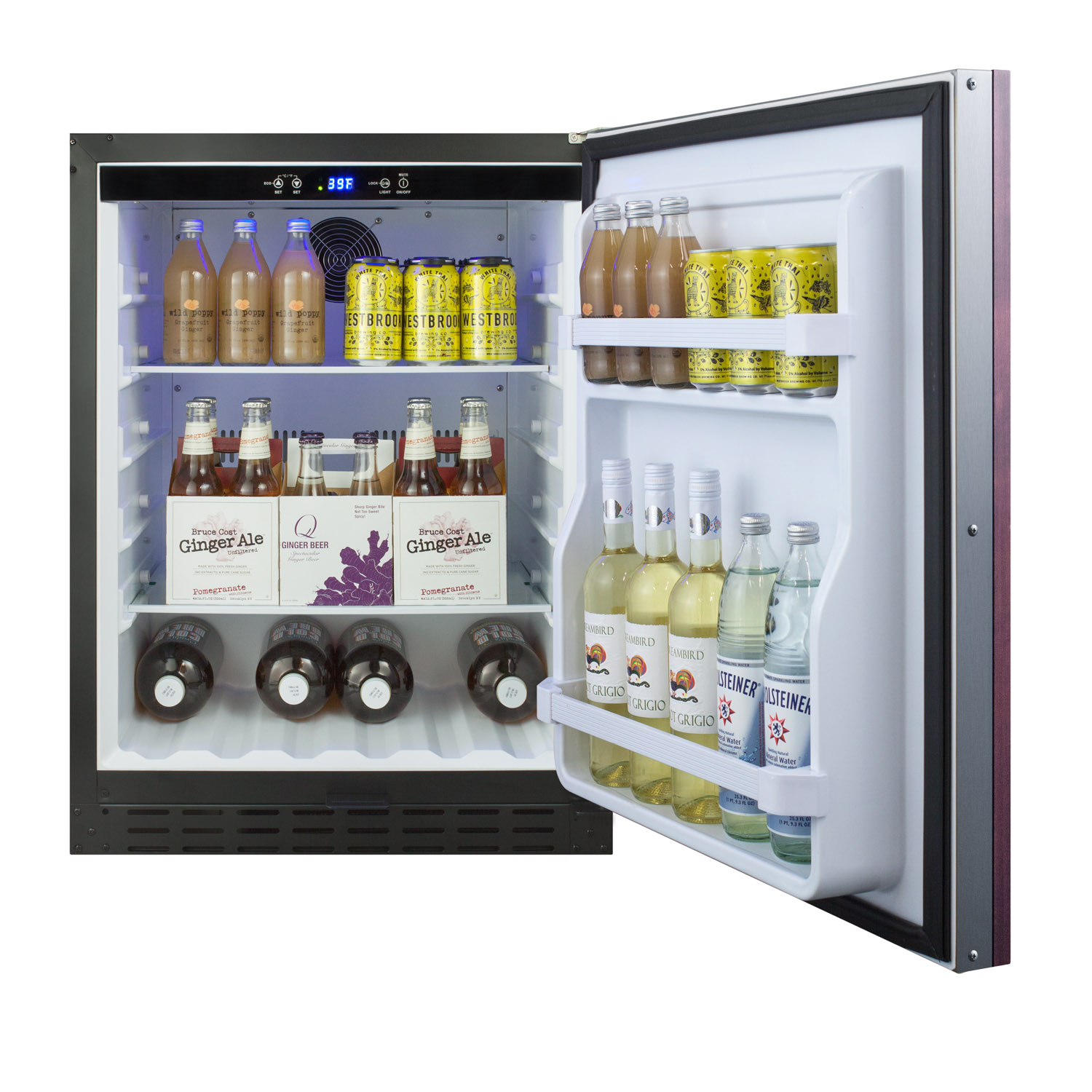 Built-in undercounter ADA compliant all-refrigerator with stainless steel door, black cabinet, door storage, lock, and digital controls